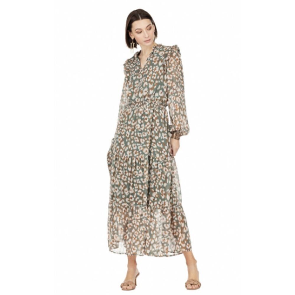 JOY JOY Cinch Waist Maxi Dress Green Leopard